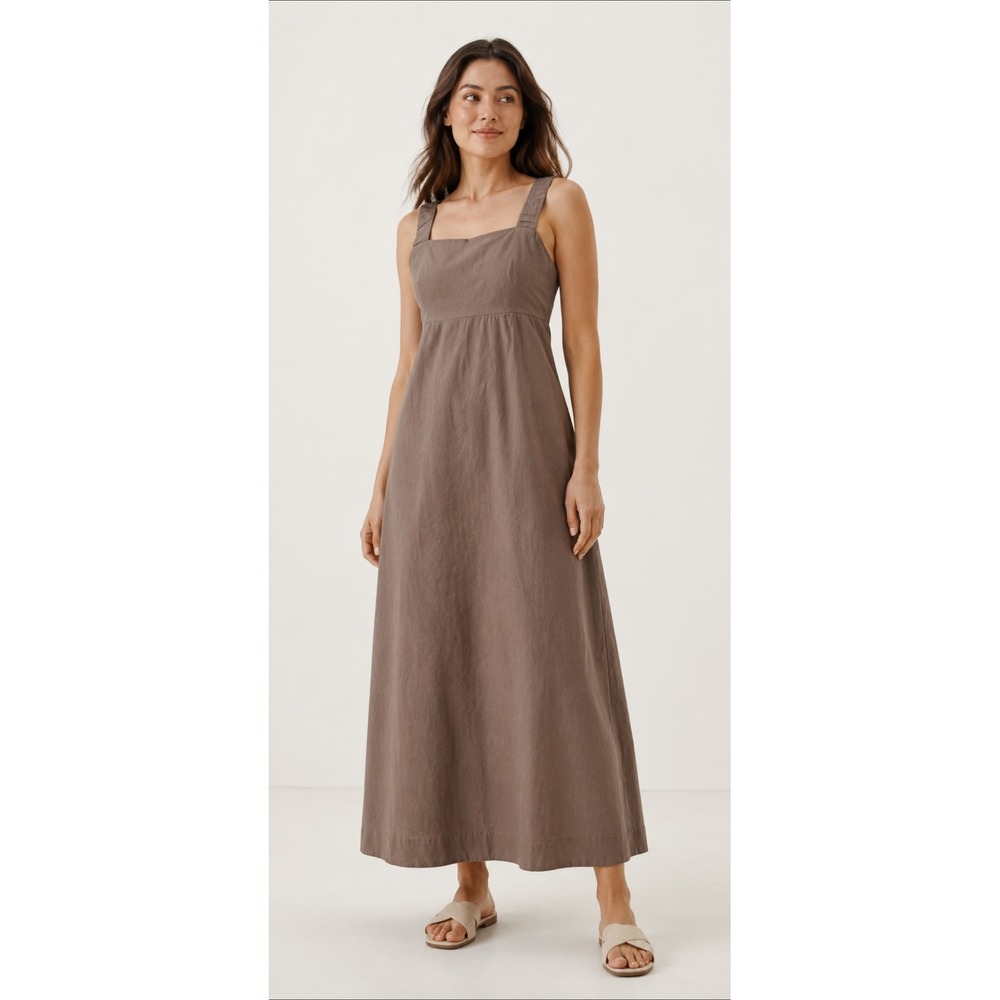 Pact Organic Cotton Linen Maxi Dress M Brown Smocked Empire Waist Pockets Resort